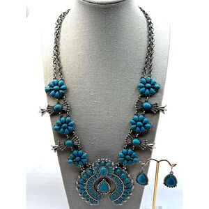 NEW Faux Turquoise Statement Necklace With Dangle Earrings Blue Jewelry Set